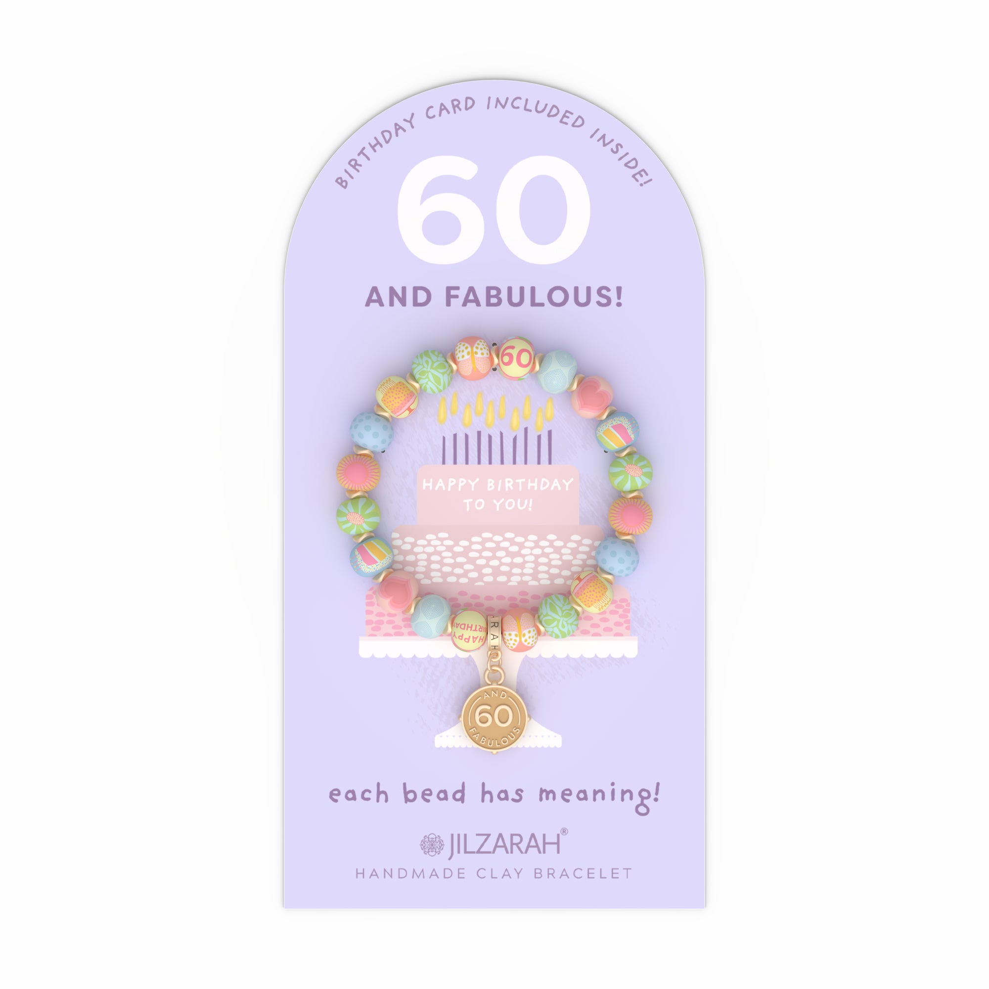 Jilzarah 60th birthday bracelet on a purple card with text. Available at Be Charmed.