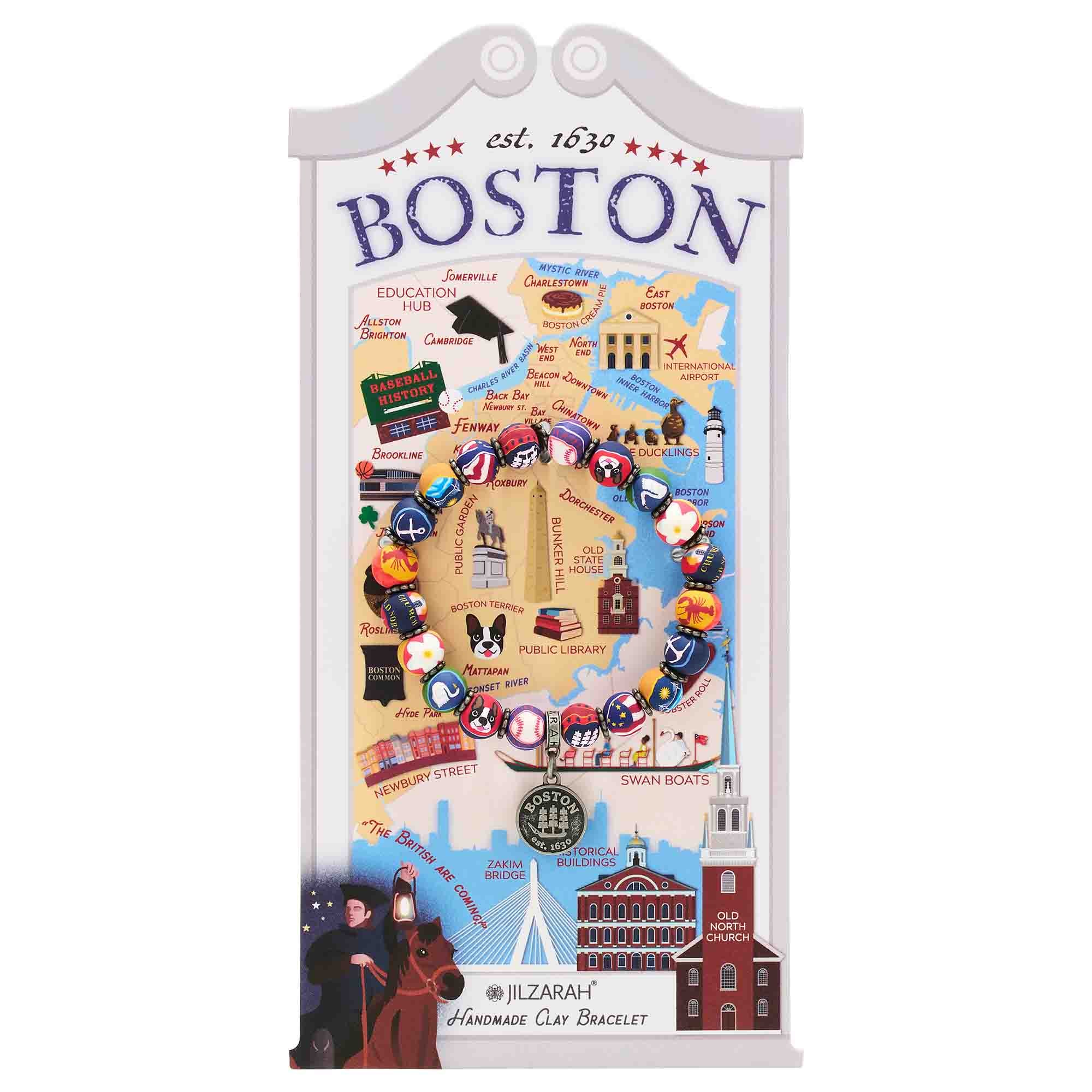 Decorative bracelet with a map of Boston and various landmarks on a white background. Jilzarah Places We Love Bracelet – Boston edition with handcrafted clay beads. Available at Be Charmed.