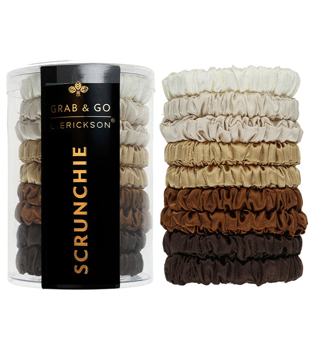 Set of Fawn scrunchies in a 'Grab & Go' container with 'Erickson' branding on a white background. Available at Be Charmed