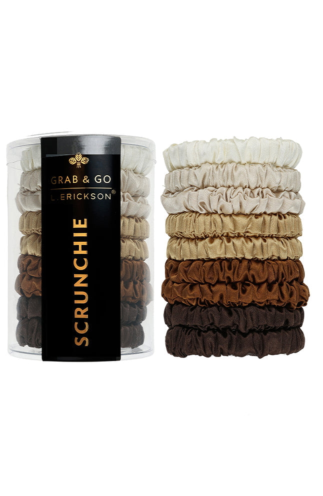 Set of Fawn scrunchies in a 'Grab & Go' container with 'Erickson' branding on a white background. Available at Be Charmed