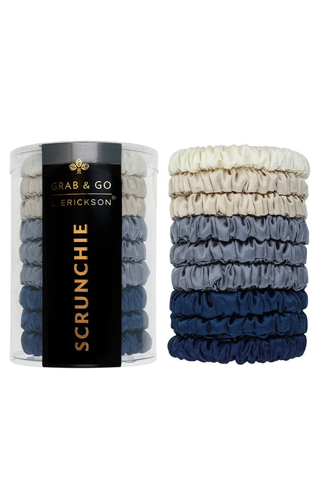 Set of scrunchies in blue and gray with a container labeled 'Grab & Go Erickson' on a white background. Available at Be Charmed