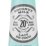 Hand cream tube labeled 'Coconut Milk' with branding on a white background. Available at Be Charmed