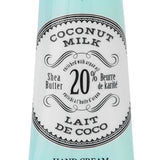 Hand cream tube labeled 'Coconut Milk' with branding on a white background. Available at Be Charmed