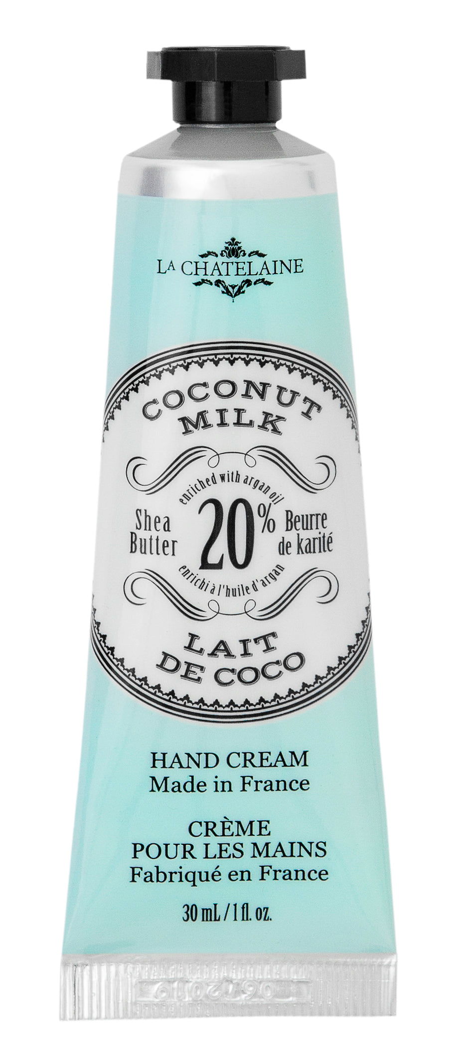 Hand cream tube labeled 'Coconut Milk' with branding on a white background. Available at Be Charmed