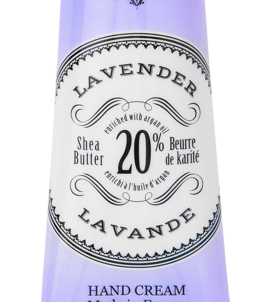 Lavender hand cream tube with branding on a white background. Available at Be Charmed