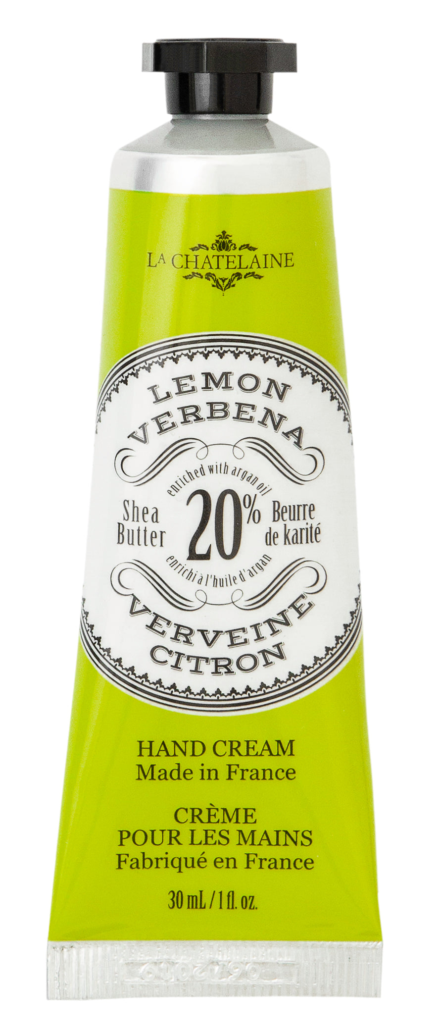 Hand cream tube labeled 'Lemon Verbena' with branding on a white background. Available at Be Charmed