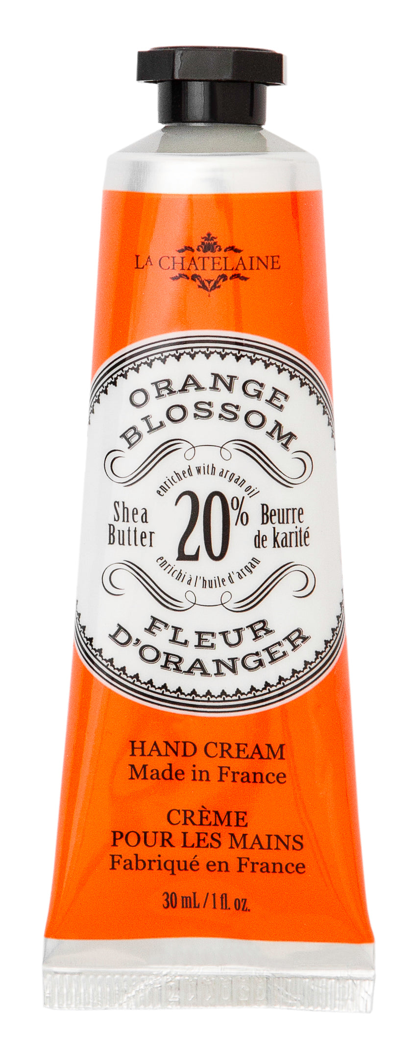 Hand cream tube labeled 'Orange Blossom' by L'Chanteclaire on a white background. Available at Be Charmed