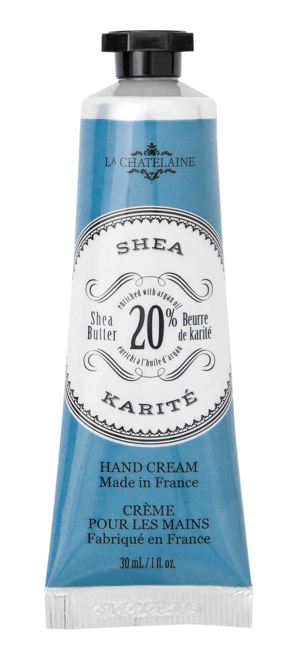 Hand cream tube with blue and white label on a white background. Available at Be Charmed