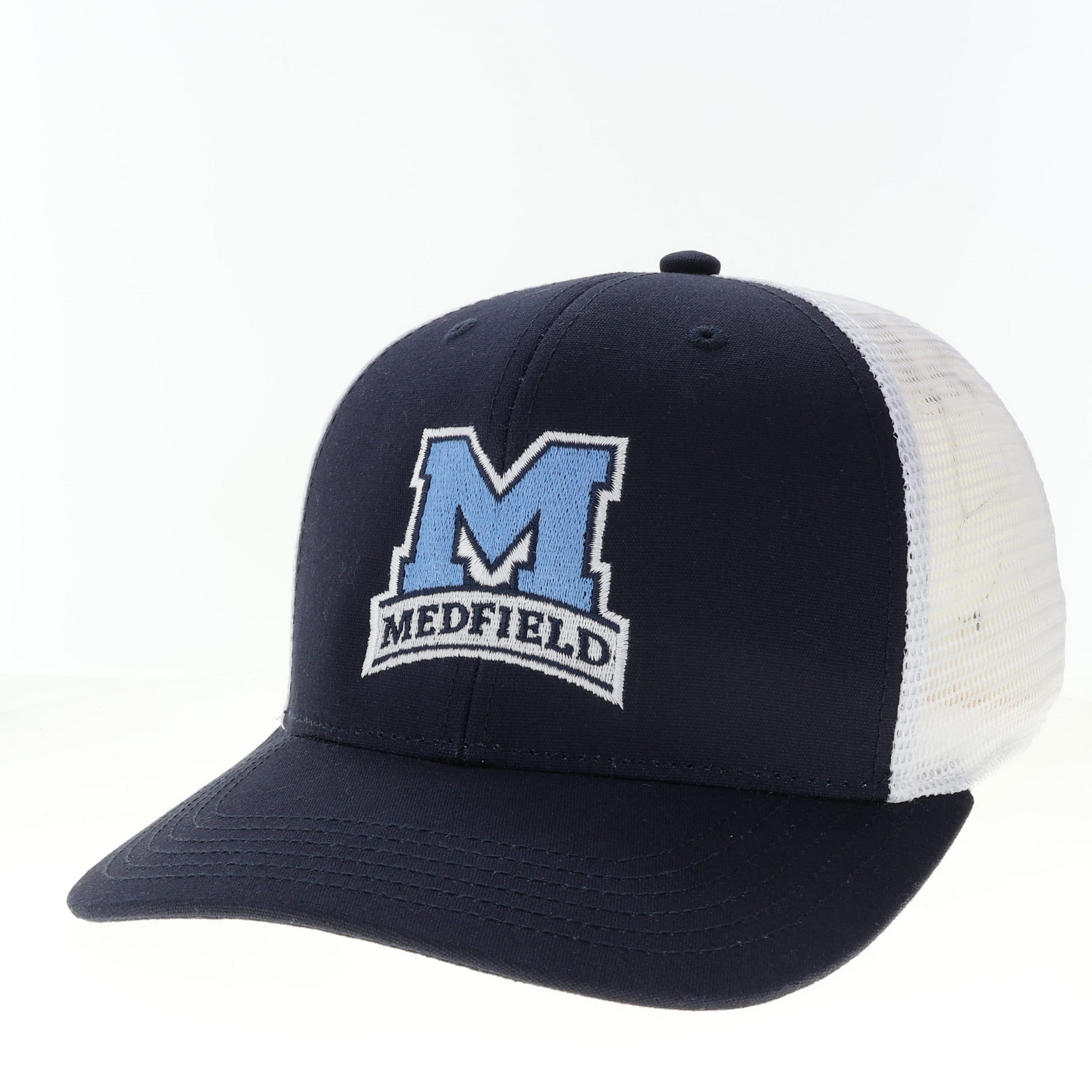 Navy and white cap with 'Medfield' logo on a white background. Available at Be Charmed