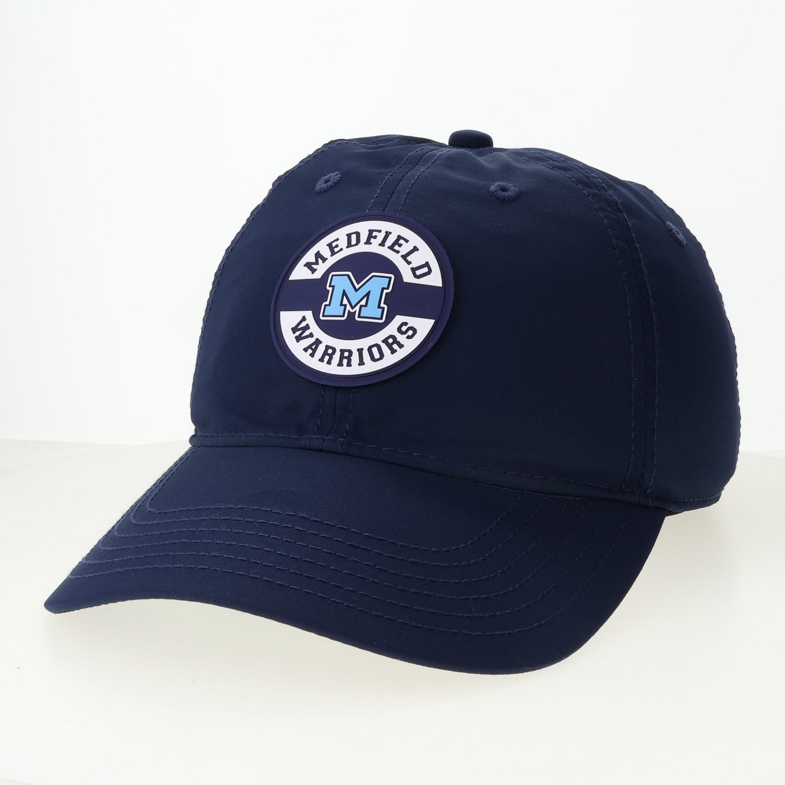 Navy blue cap with 'Medfield Warriors' logo on a white background. Available at Be Charmed