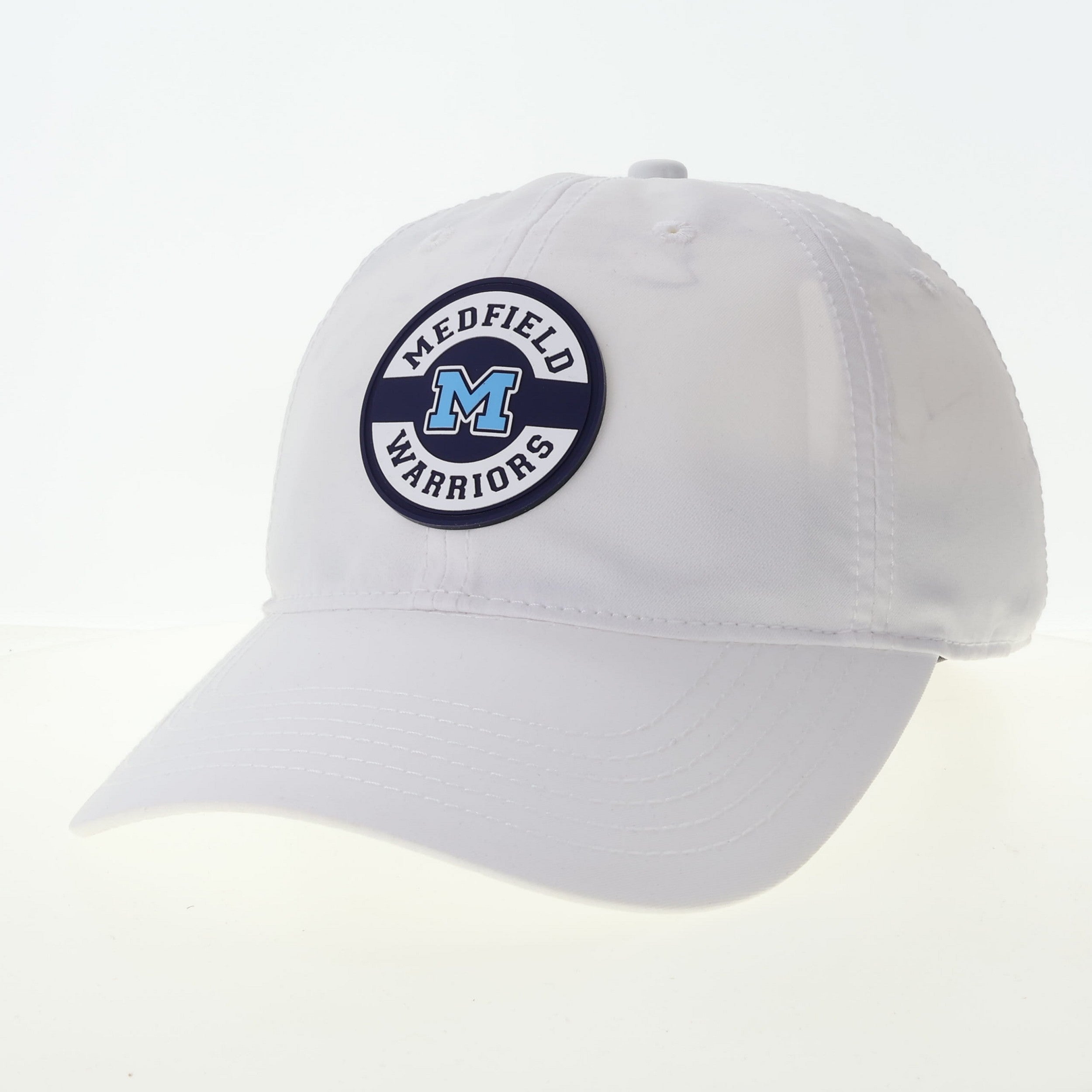 White cap with 'Medfield Warriors' logo on a white background. Available at Be Charmed