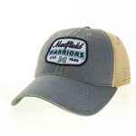 Light Blue trucker cap with 'Medfield Warriors' patch on a white background. Available at Be Charmed