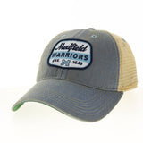 Light Blue trucker cap with 'Medfield Warriors' patch on a white background. Available at Be Charmed