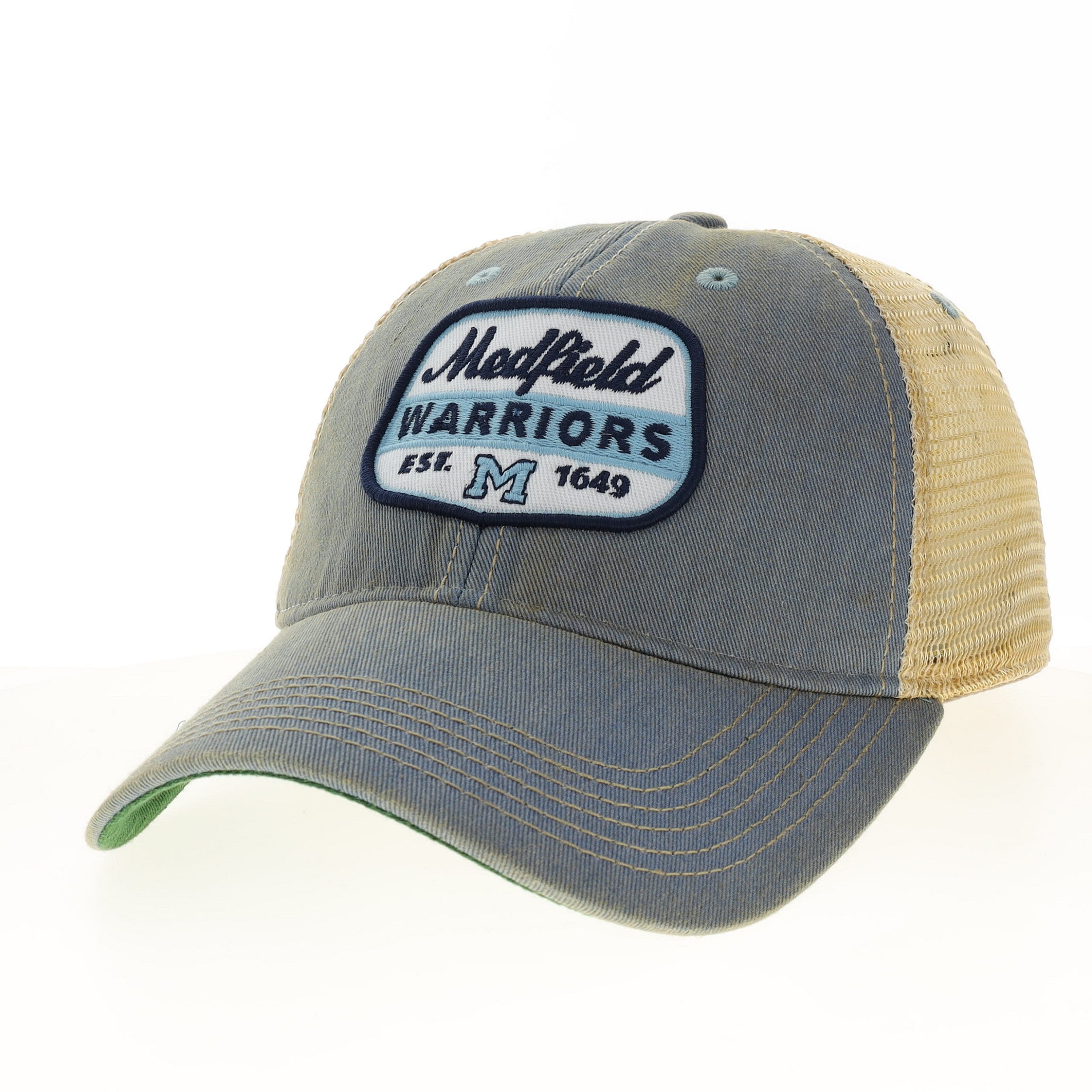 Light Blue trucker cap with 'Medfield Warriors' patch on a white background. Available at Be Charmed