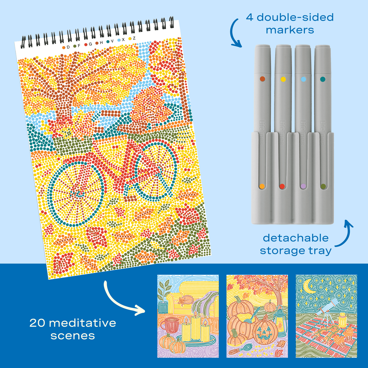 Lifelines FlowArt Dot-By-Letter meditative art pad featuring guided letter keys and colorful markers available at Be Charmed