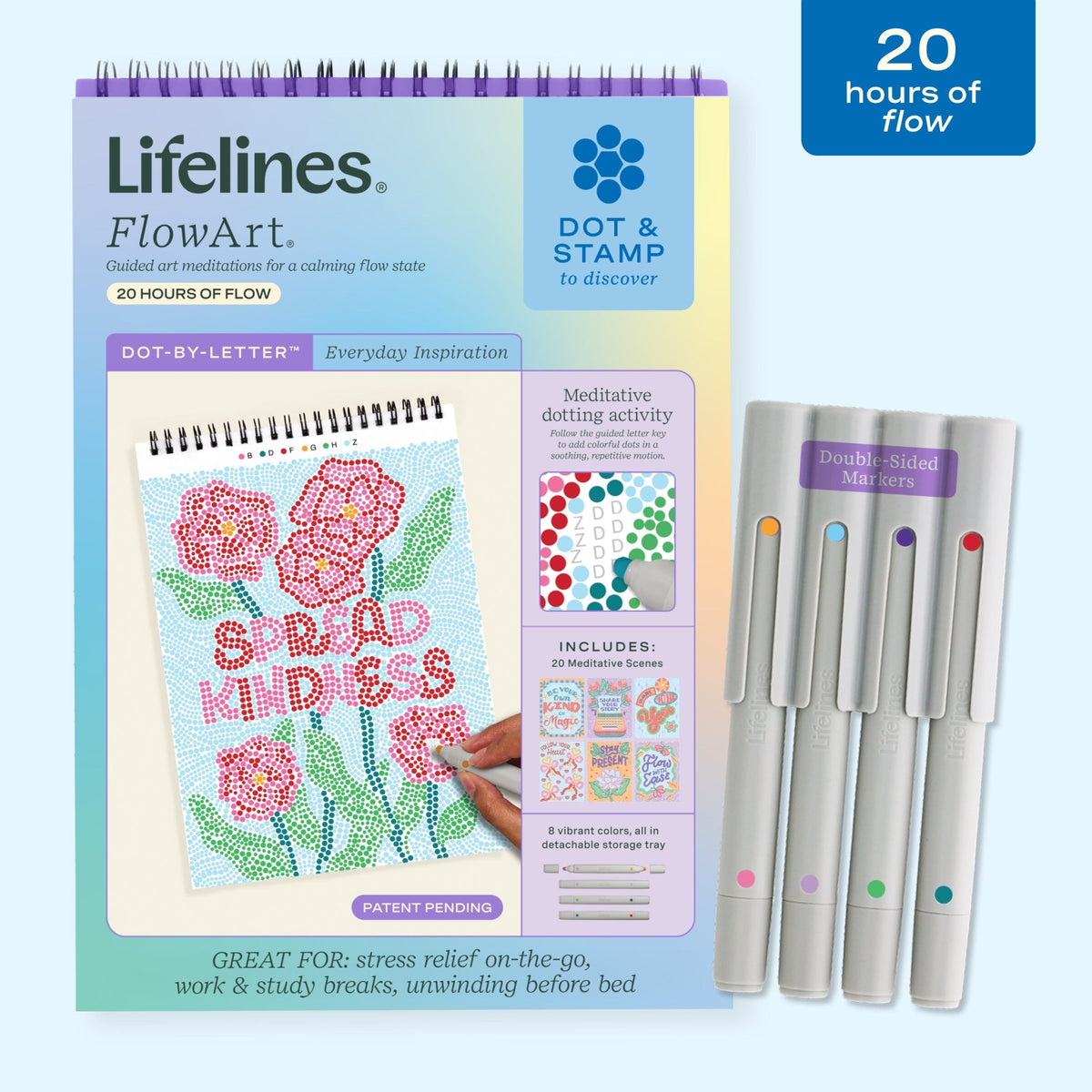 Lifelines Everyday Inspiration FlowArt Dot-By-Letter meditative art pad featuring guided letter keys and colorful markers available at Be Charmed