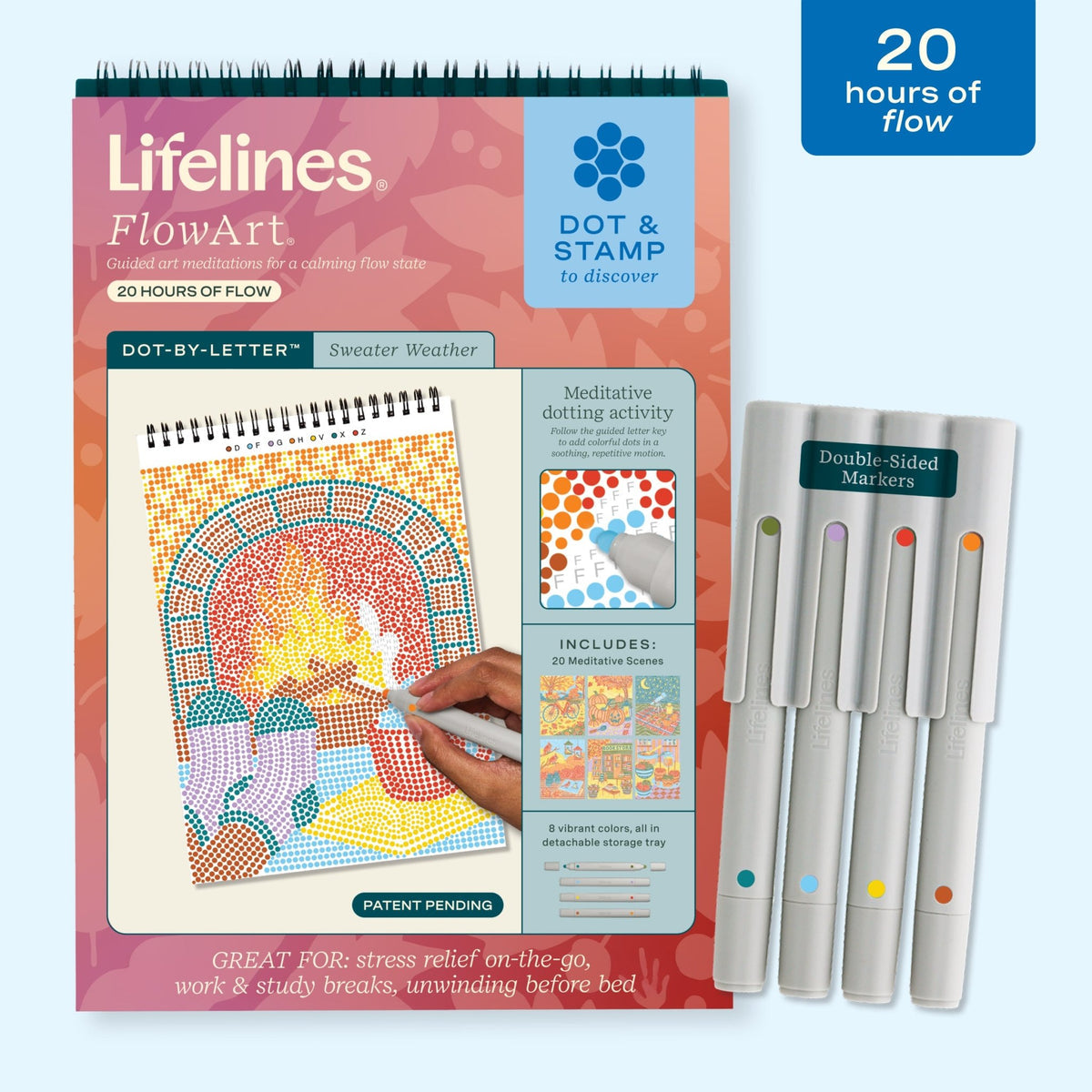 Lifelines Sweater Weather FlowArt Dot-By-Letter meditative art pad featuring guided letter keys and colorful markers available at Be Charmed
