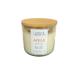 Apple Picking candle with a wooden lid and 'Lola & Bean Co.' label on a white background