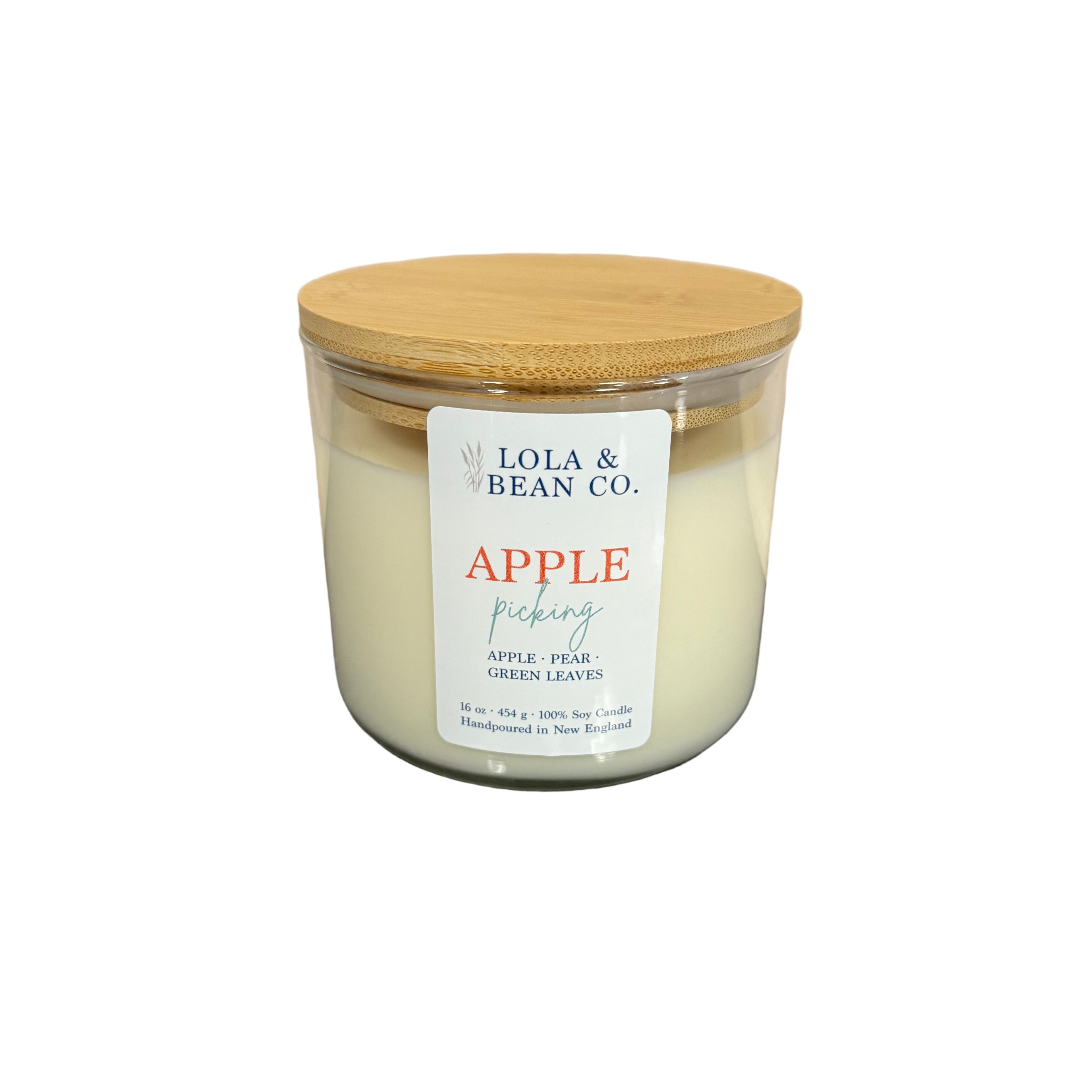 Apple Picking candle with a wooden lid and 'Lola & Bean Co.' label on a white background