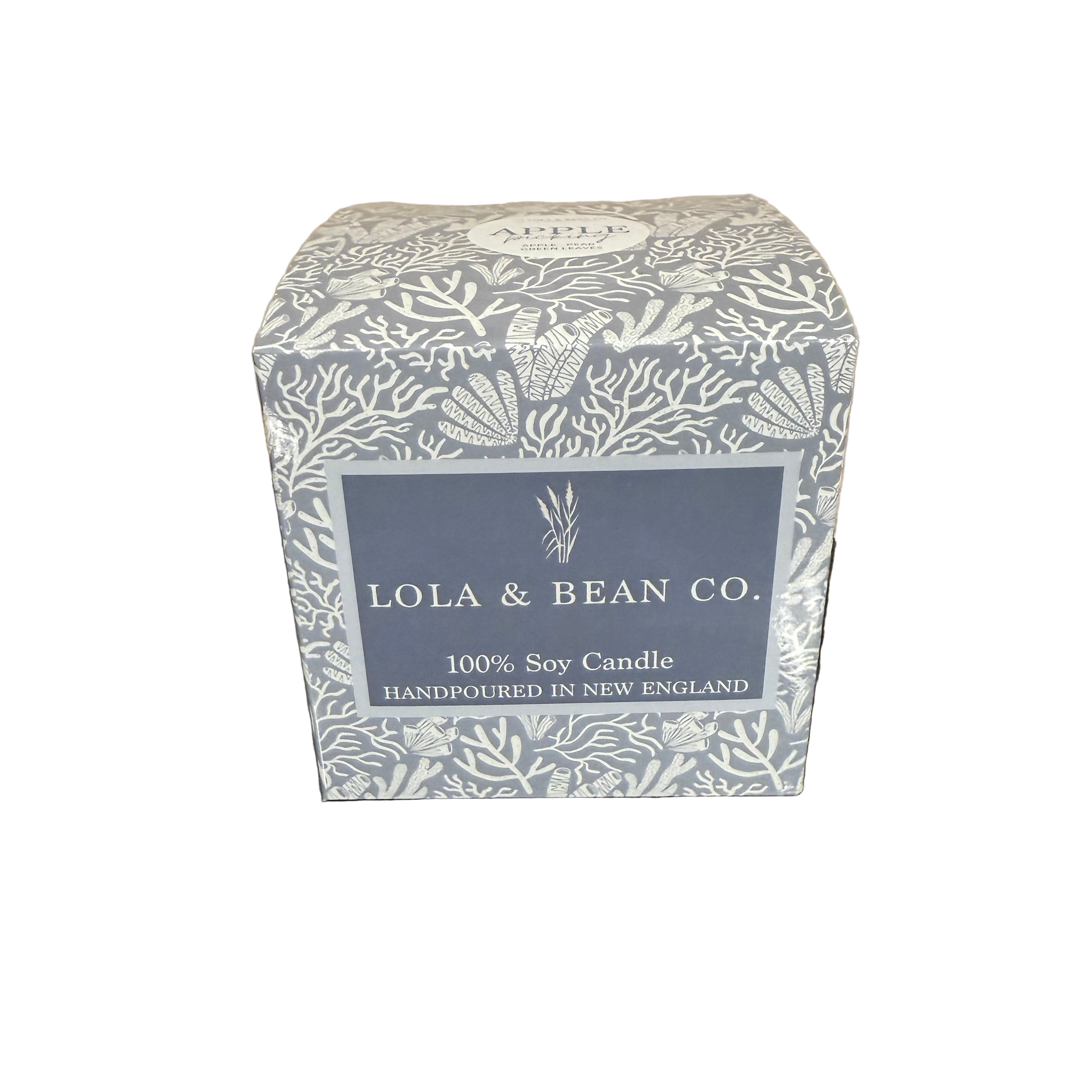Lola & Bean Co. candle packaging on a dark surface with white background. Available at Be Charmed. 