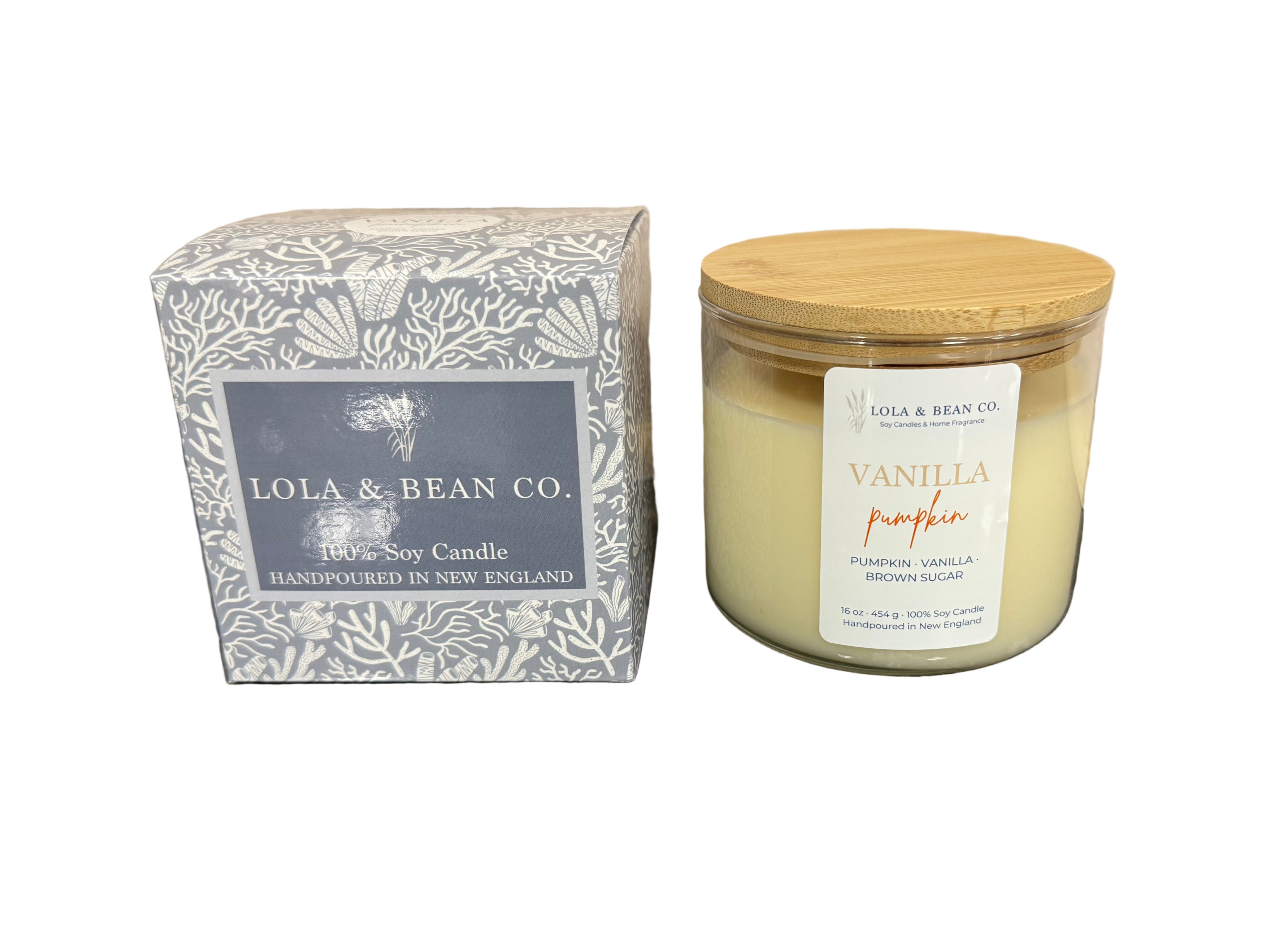 Lola & Bean 16oz 3 Wick Soy Candle in Vanilla Pumpkin—seasonal fall fragrance candle. Available at Be Charmed