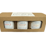 Lola & Bean Mini Jar Trio Fall Candles—seasonal autumn candle gift set. Available at Be Charmed