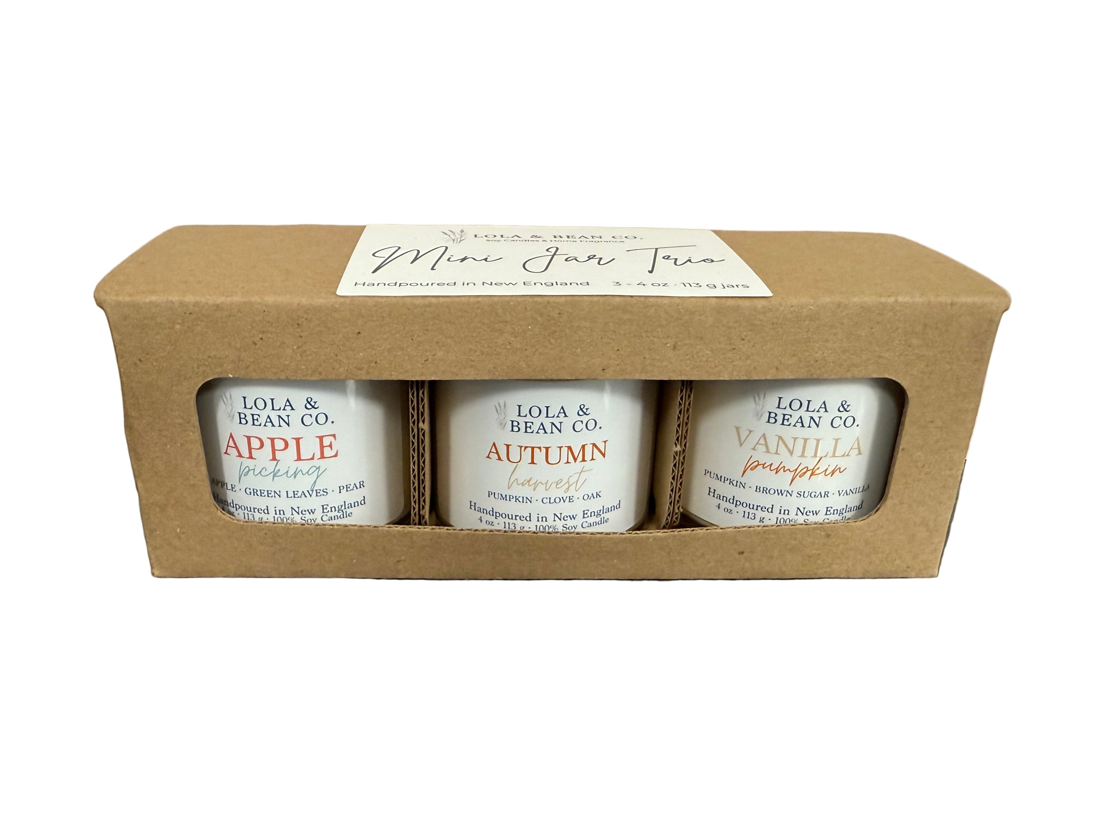 Lola & Bean Mini Jar Trio Fall Candles—seasonal autumn candle gift set. Available at Be Charmed
