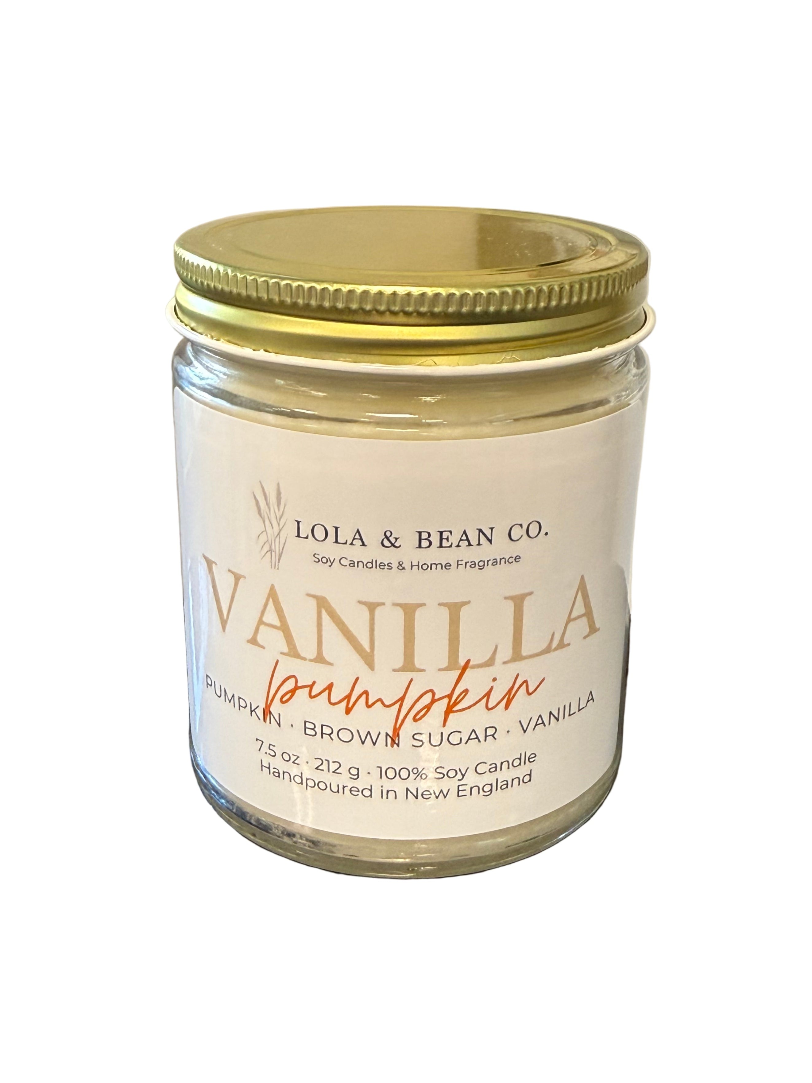 Lola & Bean 7.5oz Soy Candle in Vanilla Pumpkin—seasonal fall fragrance candle. Available at Be Charmed