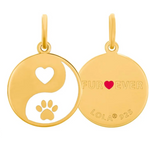 Gold pendant with yin yang design featuring a heart and paw print, engraved 'FUR EVER' and 'LOLA 925'.
