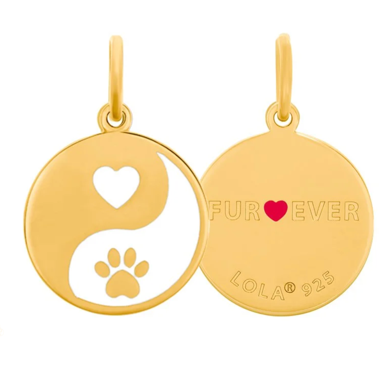 Gold pendant with yin yang design featuring a heart and paw print, engraved 'FUR EVER' and 'LOLA 925'.