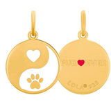 Gold pendant with yin yang design featuring a heart and paw print, engraved 'FUR EVER' and 'LOLA 925'.