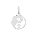Silver pendant with yin yang design featuring a heart and paw print on a white background. Available at Be Charmed. 