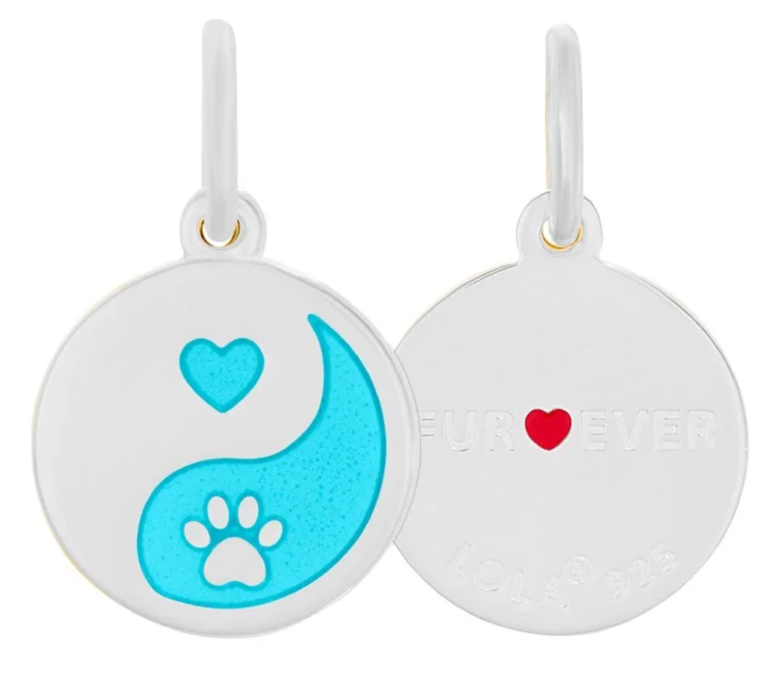 Round white pendants with yin yang design and heart paw print on a white background. Available at Be Charmed. 