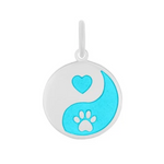 Yin yang symbol with a heart and paw print on a white background. Lola pendant. Available at Be Charmed. 