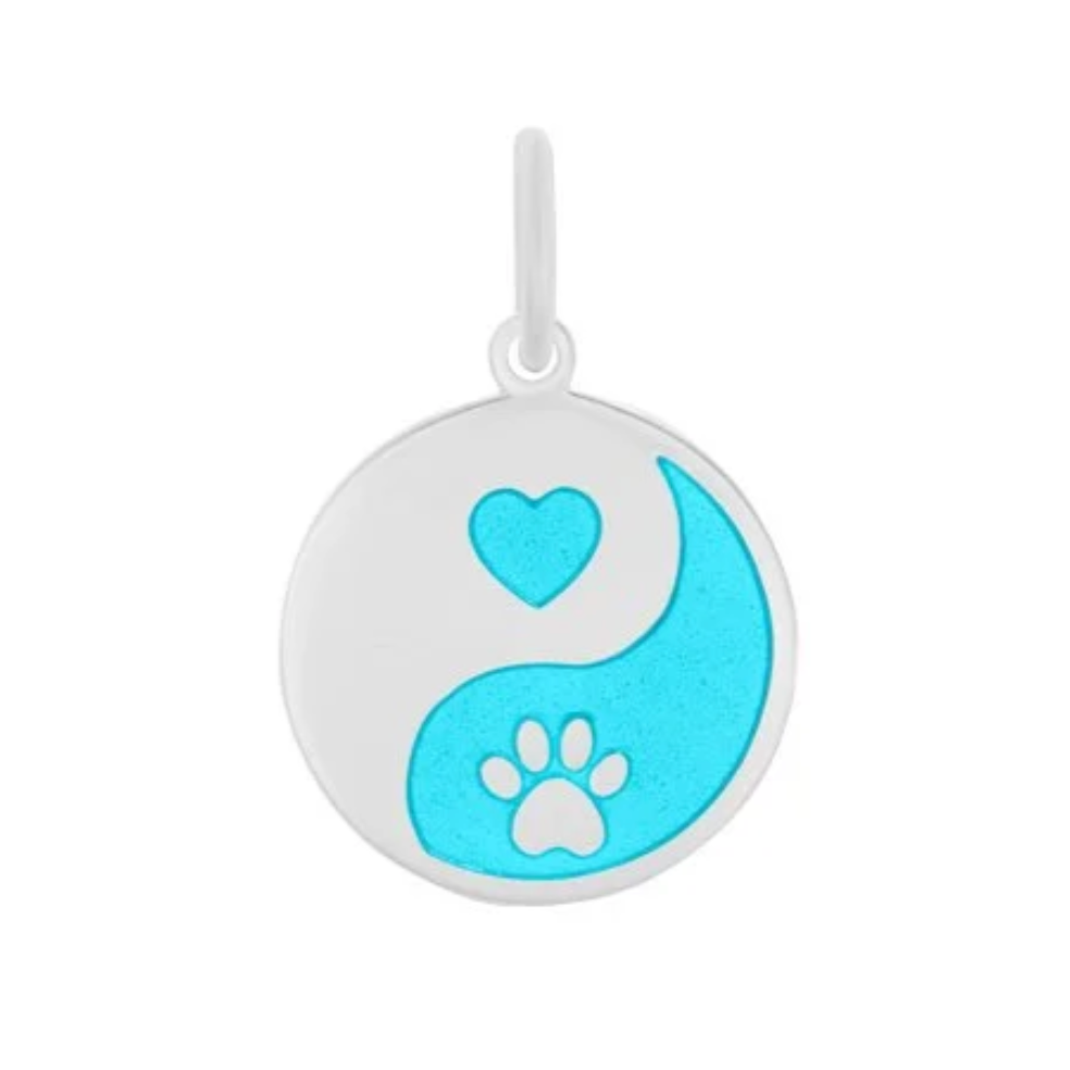 Yin yang symbol with a heart and paw print on a white background. Lola pendant. Available at Be Charmed. 