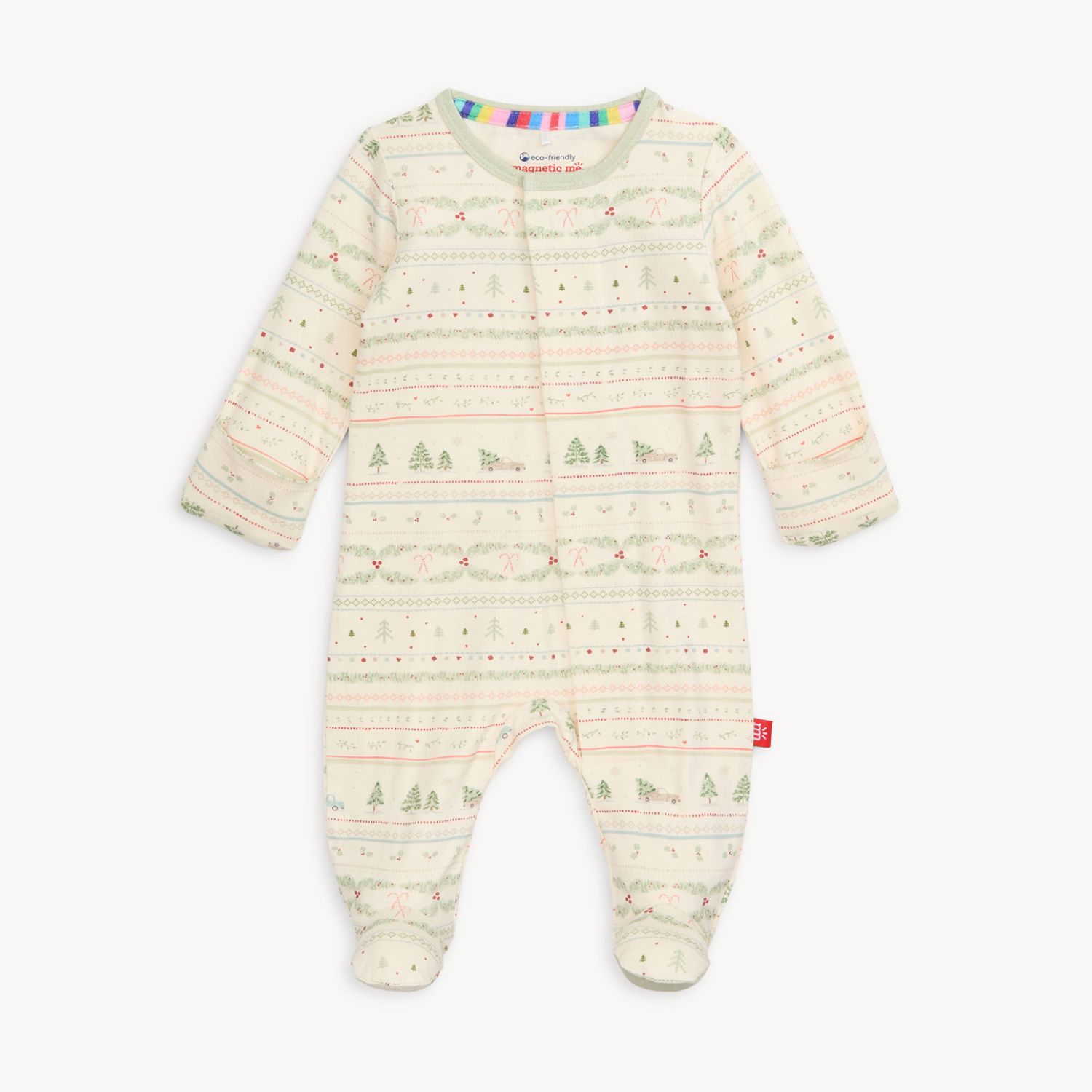 Magnetic Me Footie – Time of Wonder holiday print with magnetic closures, cozy and festive for baby. Available at Be Charmed.