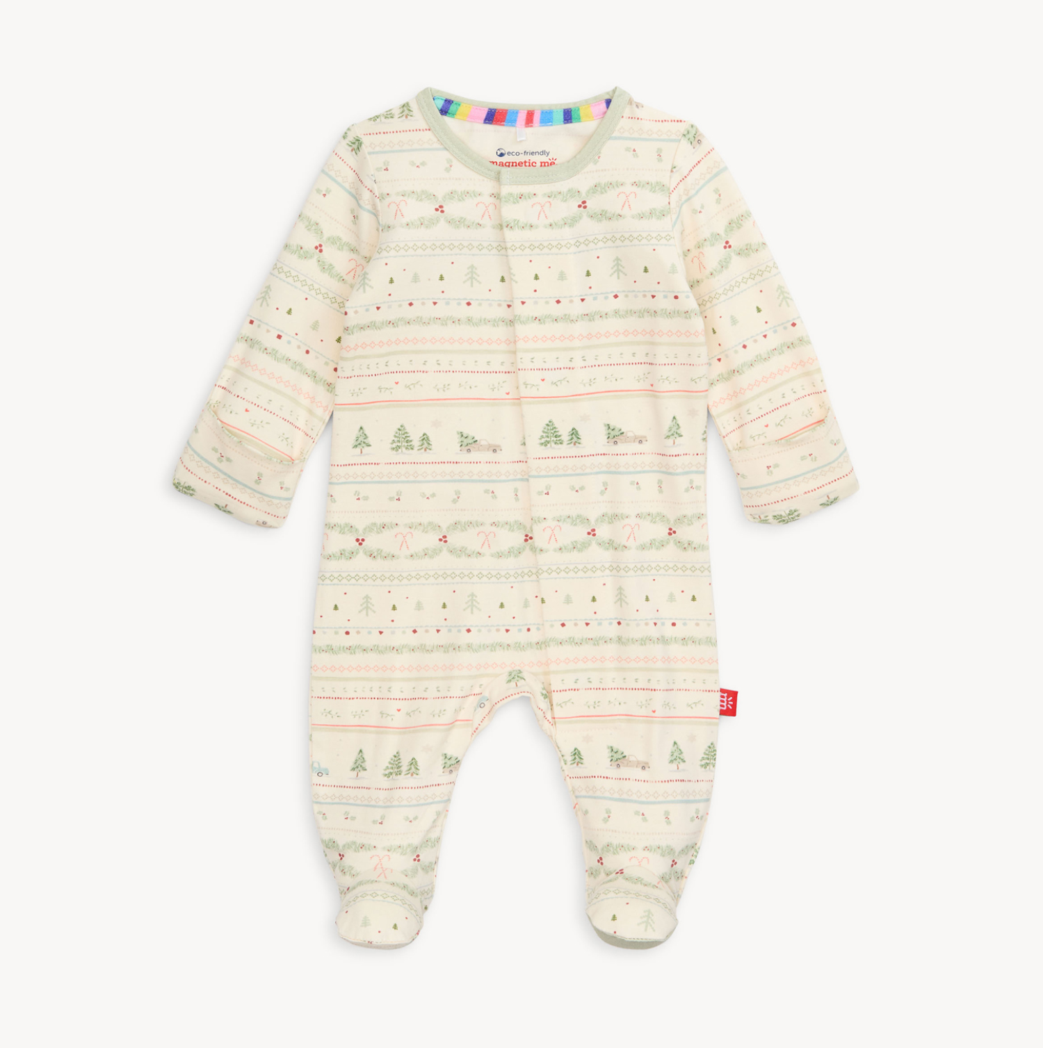 Magnetic Me Footie – Time of Wonder holiday print with magnetic closures, cozy and festive for baby. Available at Be Charmed.