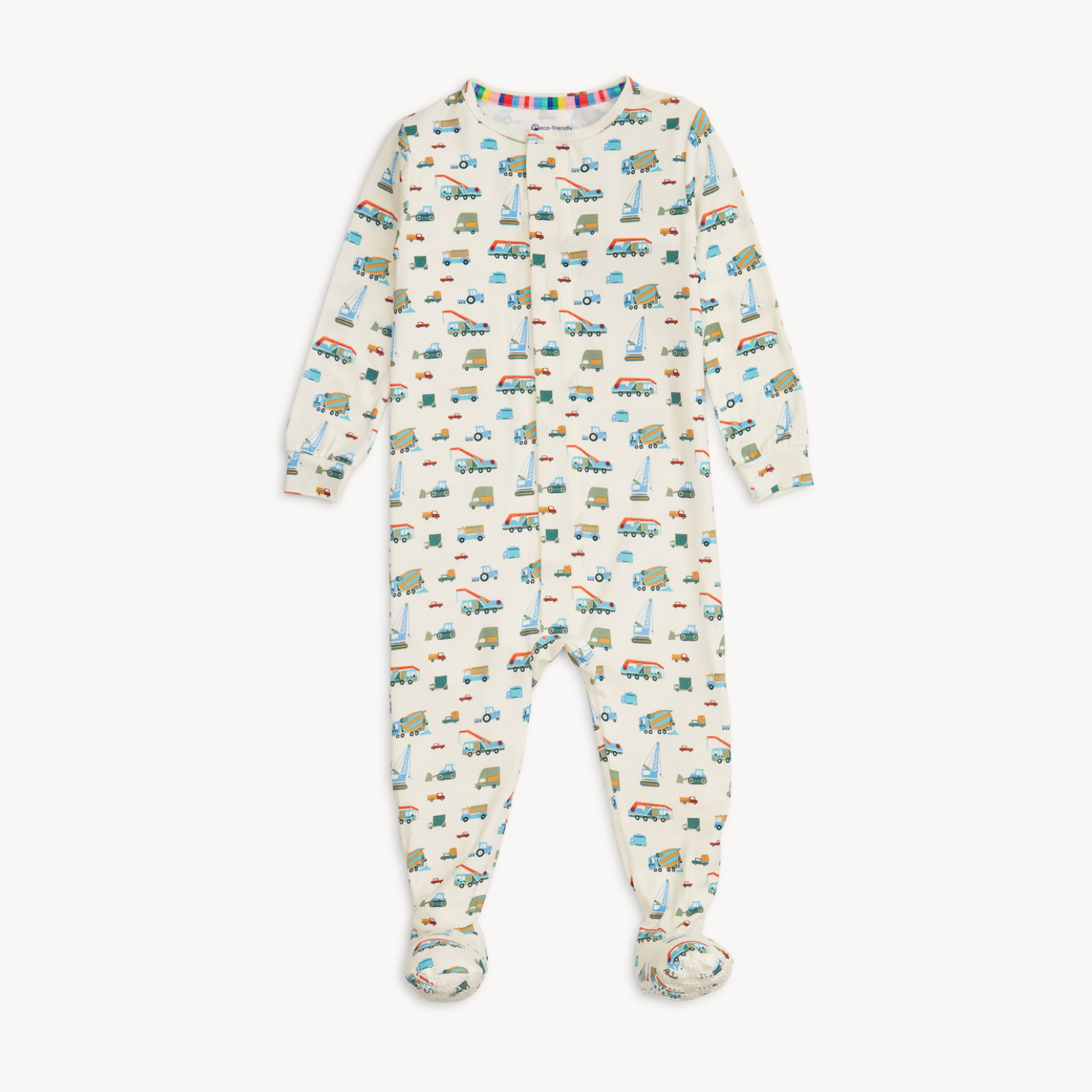 Magnetic Me Modal Footie – Dumps Like a Truck design with playful construction truck print and magnetic closures. Available at Be Charmed.