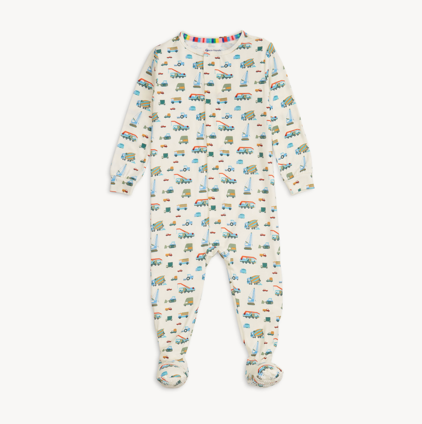 Magnetic Me Modal Footie – Dumps Like a Truck design with playful construction truck print and magnetic closures. Available at Be Charmed.