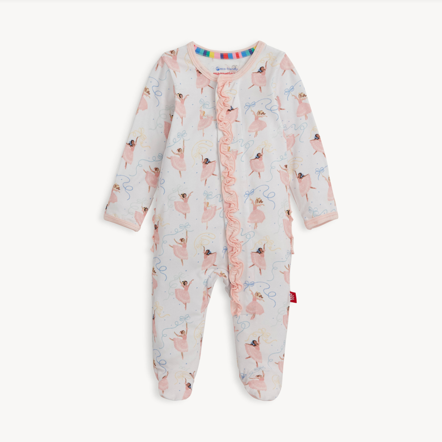 Magnetic Me Modal Footie with Ruffle – Pretty Plies ballet print with ruffle accents and magnetic closures. Available at Be Charmed.