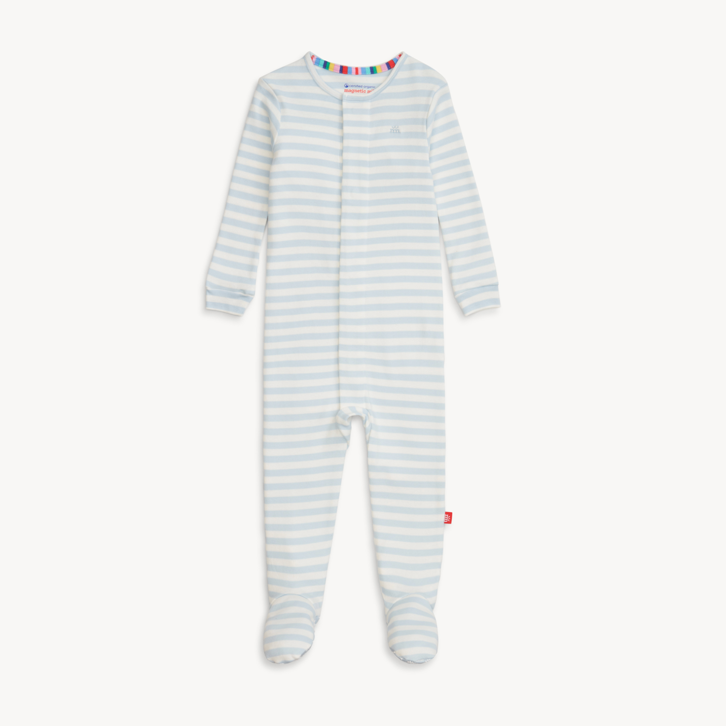 Magnetic Me Organic Cotton Footie – Blue Stripe design with breathable fabric and magnetic closures. Available at Be Charmed.
