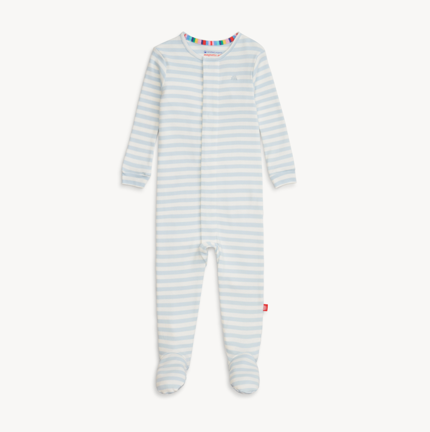 Magnetic Me Organic Cotton Footie – Blue Stripe design with breathable fabric and magnetic closures. Available at Be Charmed.