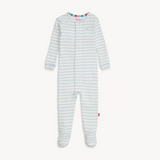 Magnetic Me Organic Cotton Footie – Blue Stripe design with breathable fabric and magnetic closures. Available at Be Charmed.
