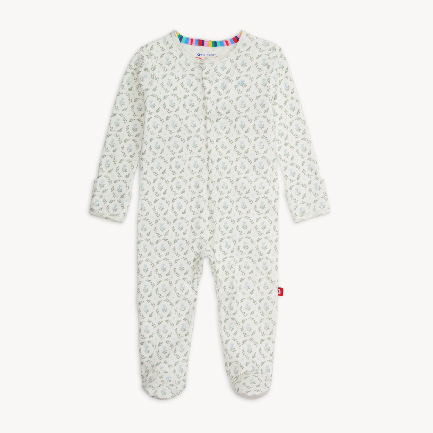 Magnetic Me Organic Cotton Footie – Eloise floral design with breathable fabric and magnetic closures. Available at Be Charmed.