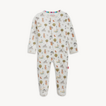 Magnetic Me Organic Cotton Footie – Funny Farm design with playful animal print and magnetic closures. Available at Be Charmed.