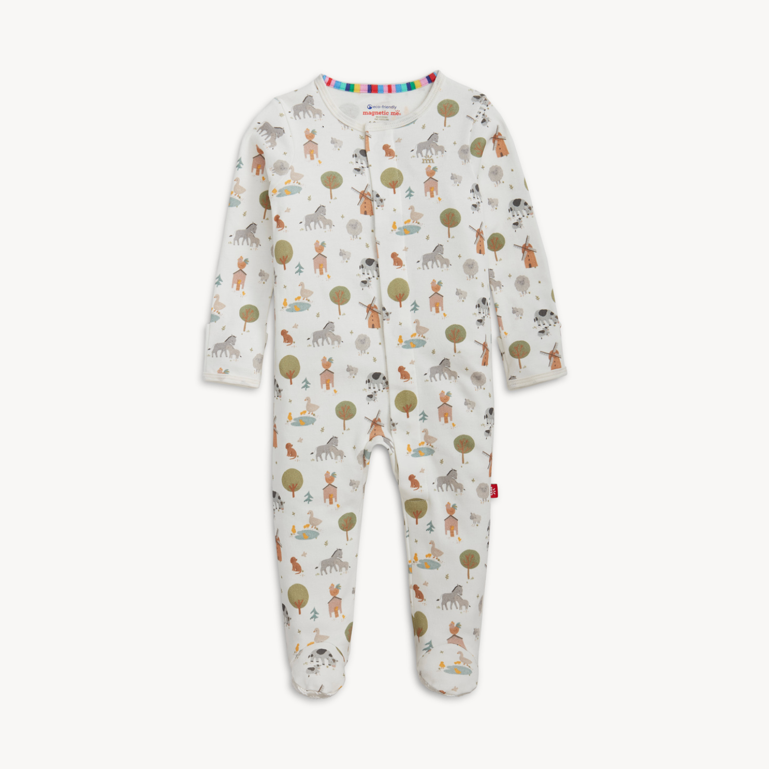Magnetic Me Organic Cotton Footie – Funny Farm design with playful animal print and magnetic closures. Available at Be Charmed.