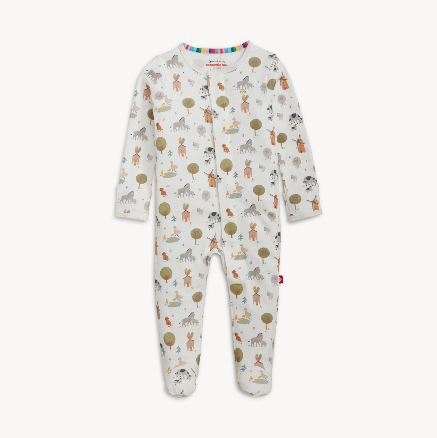 Magnetic Me Organic Cotton Footie – Funny Farm design with playful animal print and magnetic closures. Available at Be Charmed.