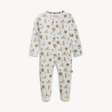 Magnetic Me Organic Cotton Footie – Funny Farm design with playful animal print and magnetic closures. Available at Be Charmed.