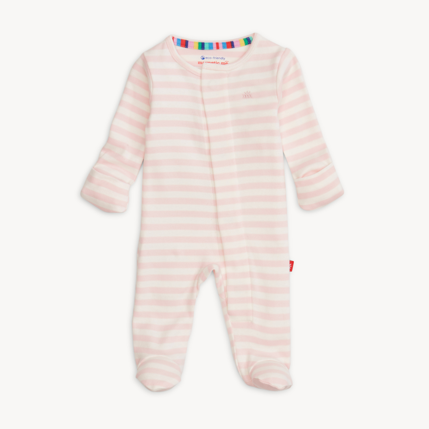 Magnetic Me Organic Cotton Footie – Pink Stripe design with breathable fabric and magnetic closures. Available at Be Charmed.