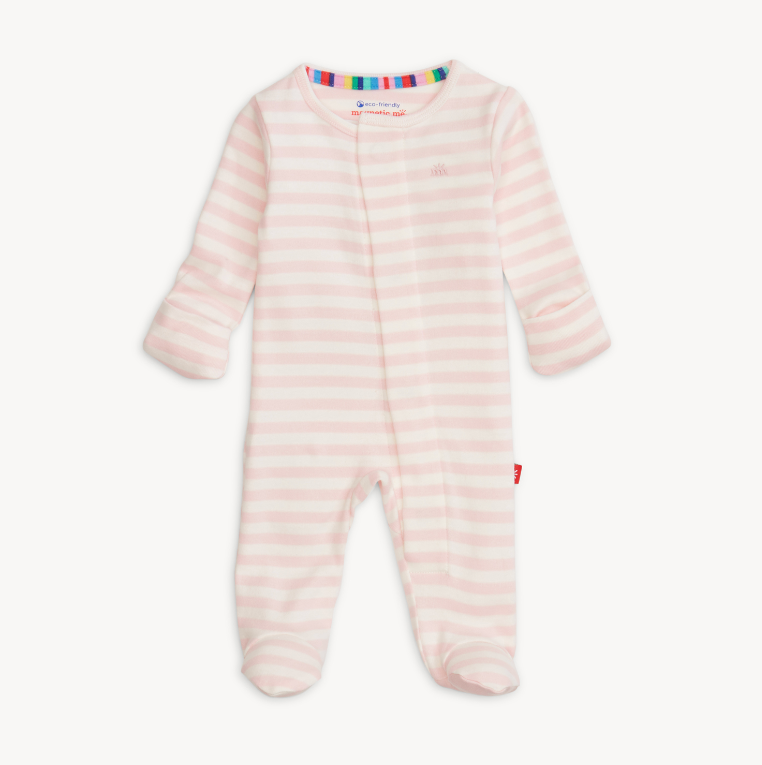 Magnetic Me Organic Cotton Footie – Pink Stripe design with breathable fabric and magnetic closures. Available at Be Charmed.